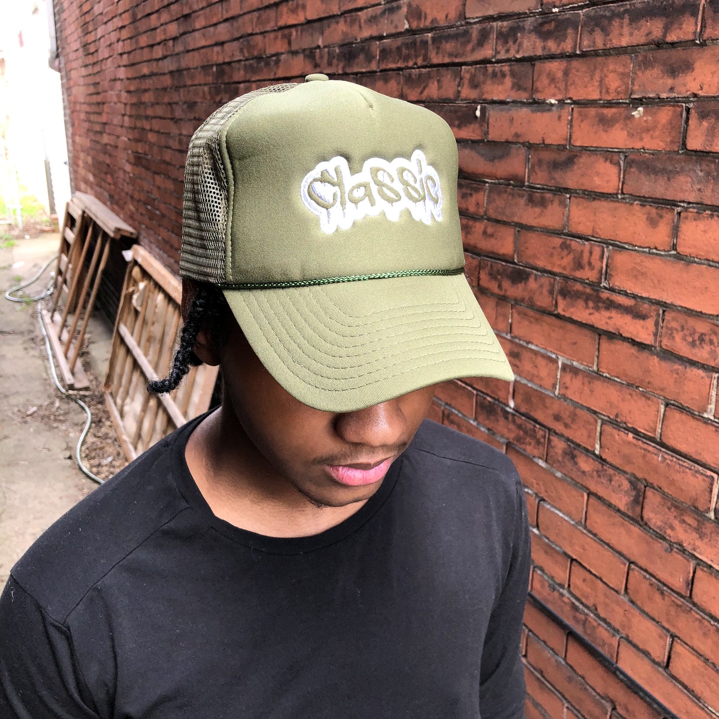 Olive Classic Trucker Hat (Tan Stitching)