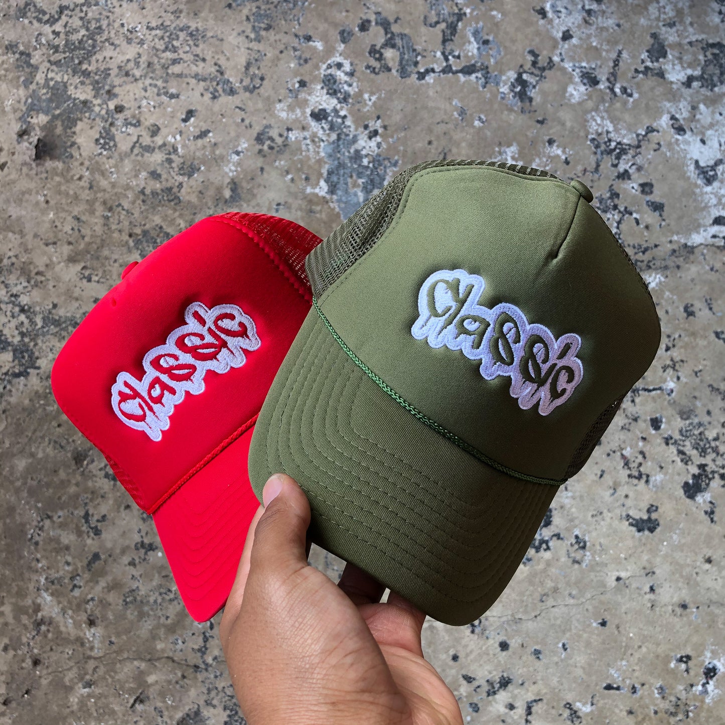 Olive Classic Trucker Hat (Tan Stitching)